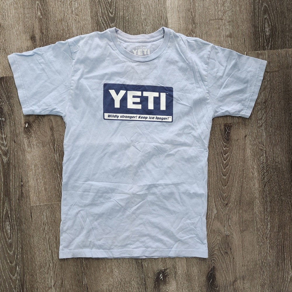 YETI Men Light Blue Graphic T-Shirt Wildly Stronger Keep Ice Longer Logo Medium